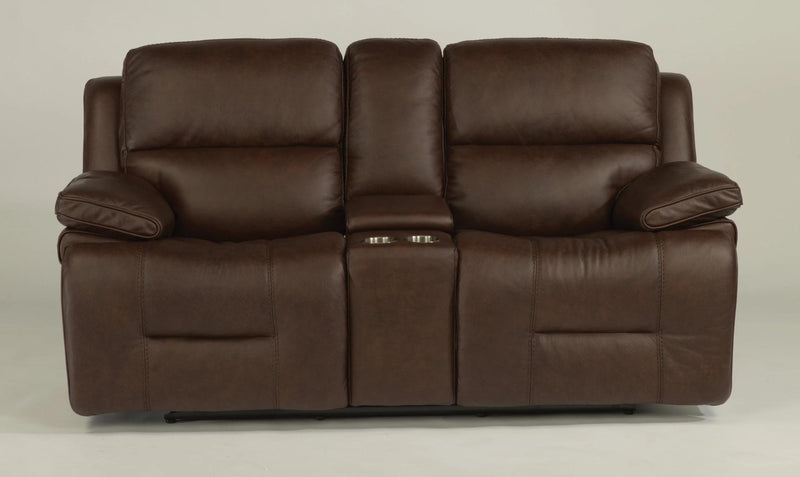 Flexsteel Latitudes Apollo Leather Power Reclining Loveseat w/Console and Power Headrests in Brown